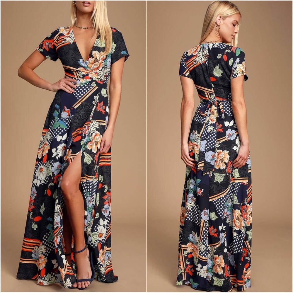 Lulus Aleta Navy Blue Print Short Sleeve Surplice Maxi Dress